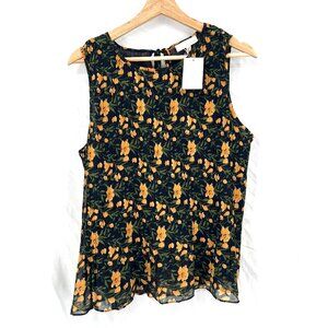 NEW &. Layered pleated floral tank top blouse navy blue yellow cottagecore M